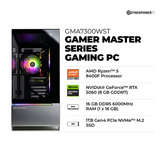 CyberPowerPC Gamer Master Gaming Desktop, AMD Ryzen 5 8400F, NVIDIA GeForce RTX 5060 8GB, 16GB DDR5, 1TB SSD, Black