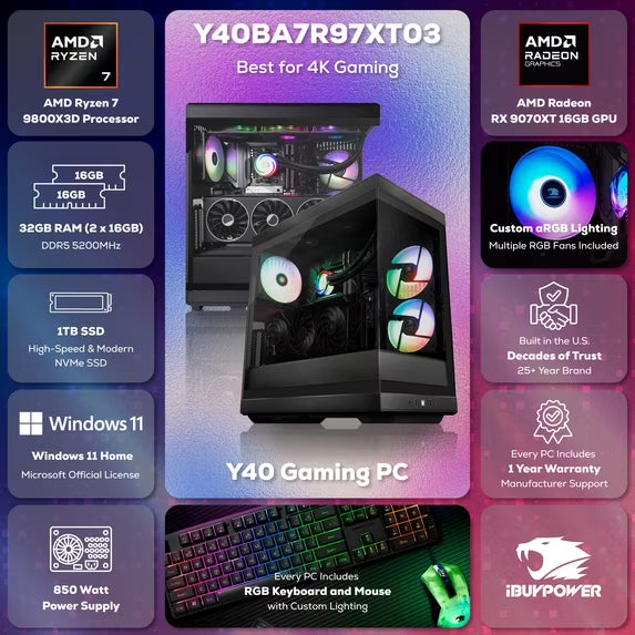 iBUYPOWER Y40 Gaming PC Desktop, AMD Ryzen 7 9800X3D, AMD Radeon RX 9070XT 16GB, 32GB DDR5 RAM, 1TB NVMe SSD