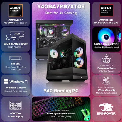 iBUYPOWER Y40 Gaming PC Desktop, AMD Ryzen 7 9800X3D, AMD Radeon RX 9070XT 16GB, 32GB DDR5 RAM, 1TB NVMe SSD