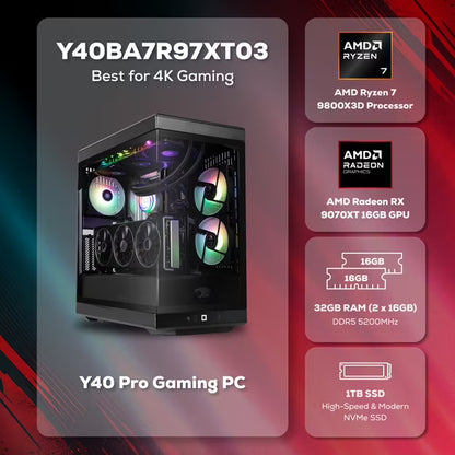iBUYPOWER Y40 Gaming PC Desktop, AMD Ryzen 7 9800X3D, AMD Radeon RX 9070XT 16GB, 32GB DDR5 RAM, 1TB NVMe SSD